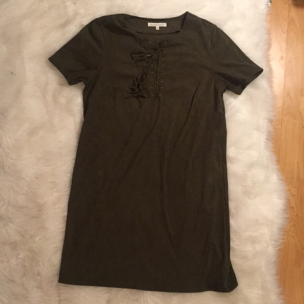 Suede khaki lace up boho shift t shirt dress
